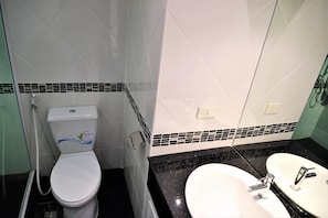 Une salle de bain avec des toilettes, un lavabo et une douche.