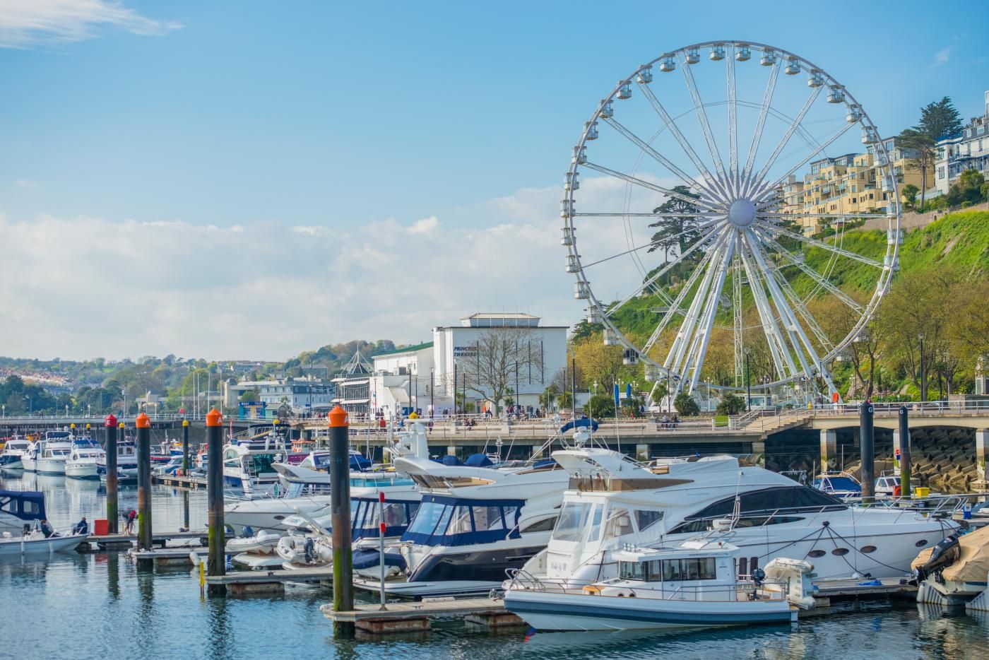 A marina with multiple boats docked, a large Ferris wheel in the background, and a building with a sign that reads 'PROFESSIONAL THEATRE.'