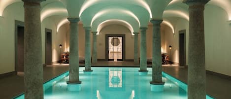 Indoor pool, open 7:30 AM to 9:30 PM, sun loungers