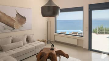 Smart TV, fireplace, books, stereo