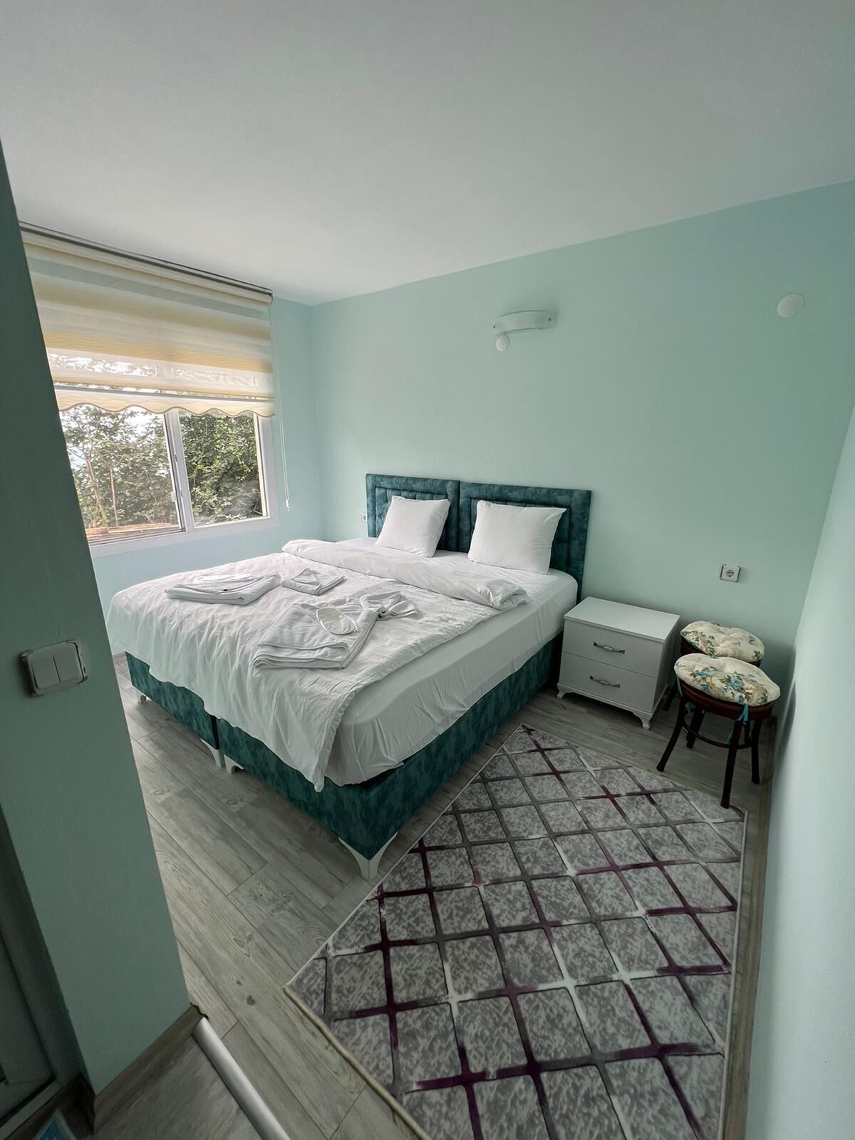 A bedroom with a bed, bedside table, nightstand, and a patterned rug.