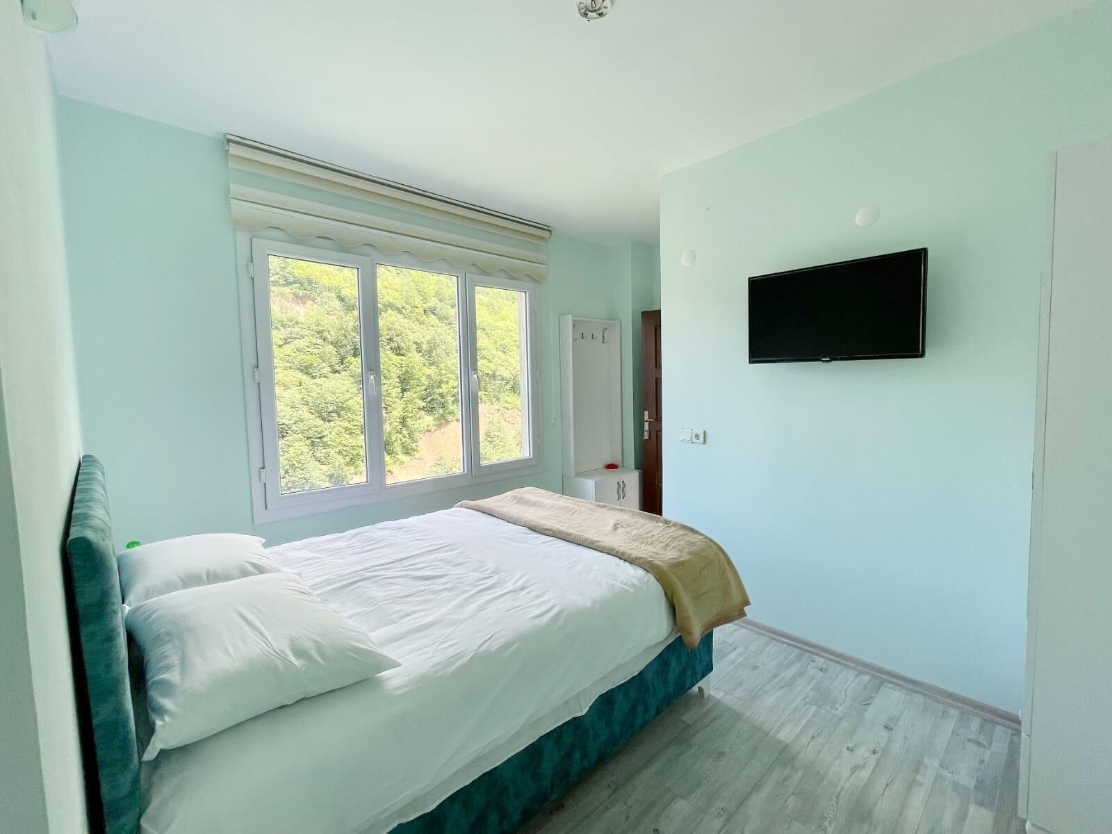 A bedroom with a bed, a window with a view of greenery, a television on the wall, and a door.