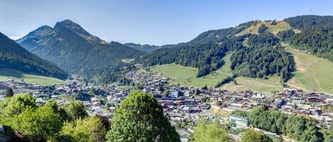 A mountainous town with a mix of residential and commercial buildings, surrounded by dense forests and hills.