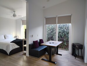 1 bedroom, desk, blackout curtains, iron/ironing board