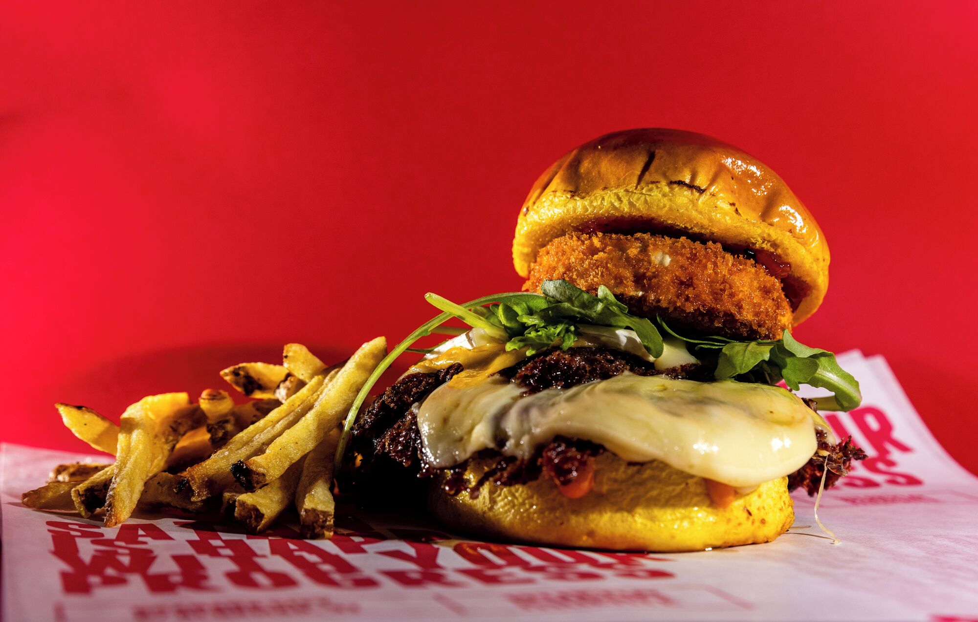 Un hamburger con patatine su sfondo rosso.