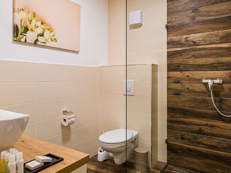 A modern bathroom with a wooden floor, a glass shower enclosure, a toilet, and a sink with toiletries.
