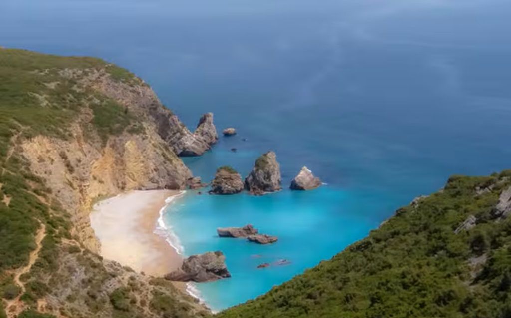 Un paysage côtier avec une plage, des affleurements rocheux et une végétation luxuriante.