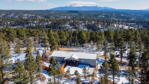 A house surrounded by snow-covered ground and trees, with a mountain range in the background. - 24 Quiver Circle · Spectacular Mountain View ★ 5 Acres ★ PIKES PEAK (Florissant)