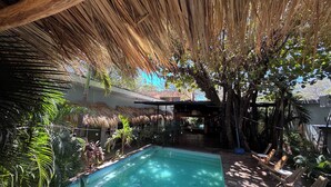 A pool area with a wooden deck, lounge chairs, and a thatched roof structure. - Refugio Lodge (Tamarindo)