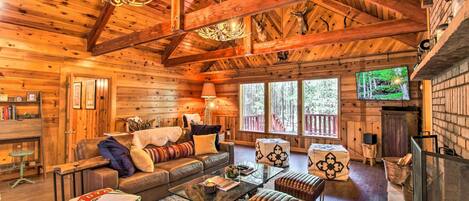TV, fireplace, books
