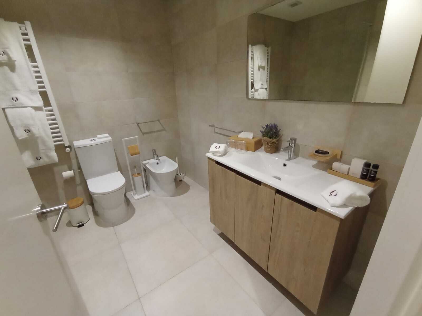 Une salle de bain moderne équipée de toilettes, d’un bidet, d’un lavabo et d’un miroir.