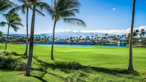 Een golfbaan met een zwembad, palmbomen en uitzicht op een resort met meerdere gebouwen.