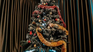 Un arbre de Nadal amb ornaments i llums, envoltat de regals embolicals damunt un terra de fusta.