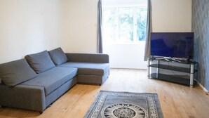 Una sala de estar con un sofá seccional gris, un televisor de pantalla plana sobre un pedestal de vidrio y un tapete estampado sobre piso de madera.