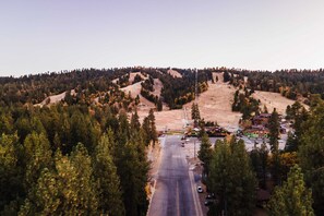 A road leading to a small town with a mix of residential and commercial buildings, surrounded by dense forest.