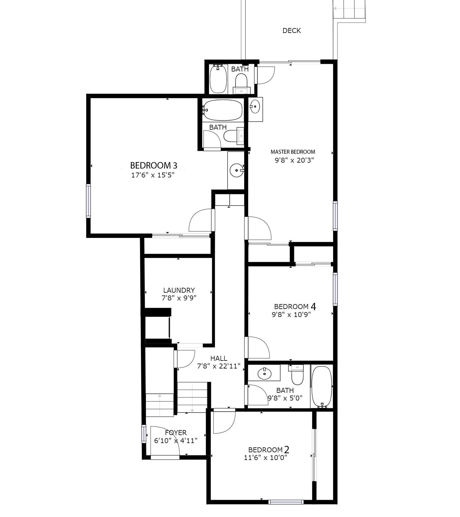 A floor plan of a property with 3 bedrooms, 2 bathrooms, a foyer, a laundry room, and a deck.