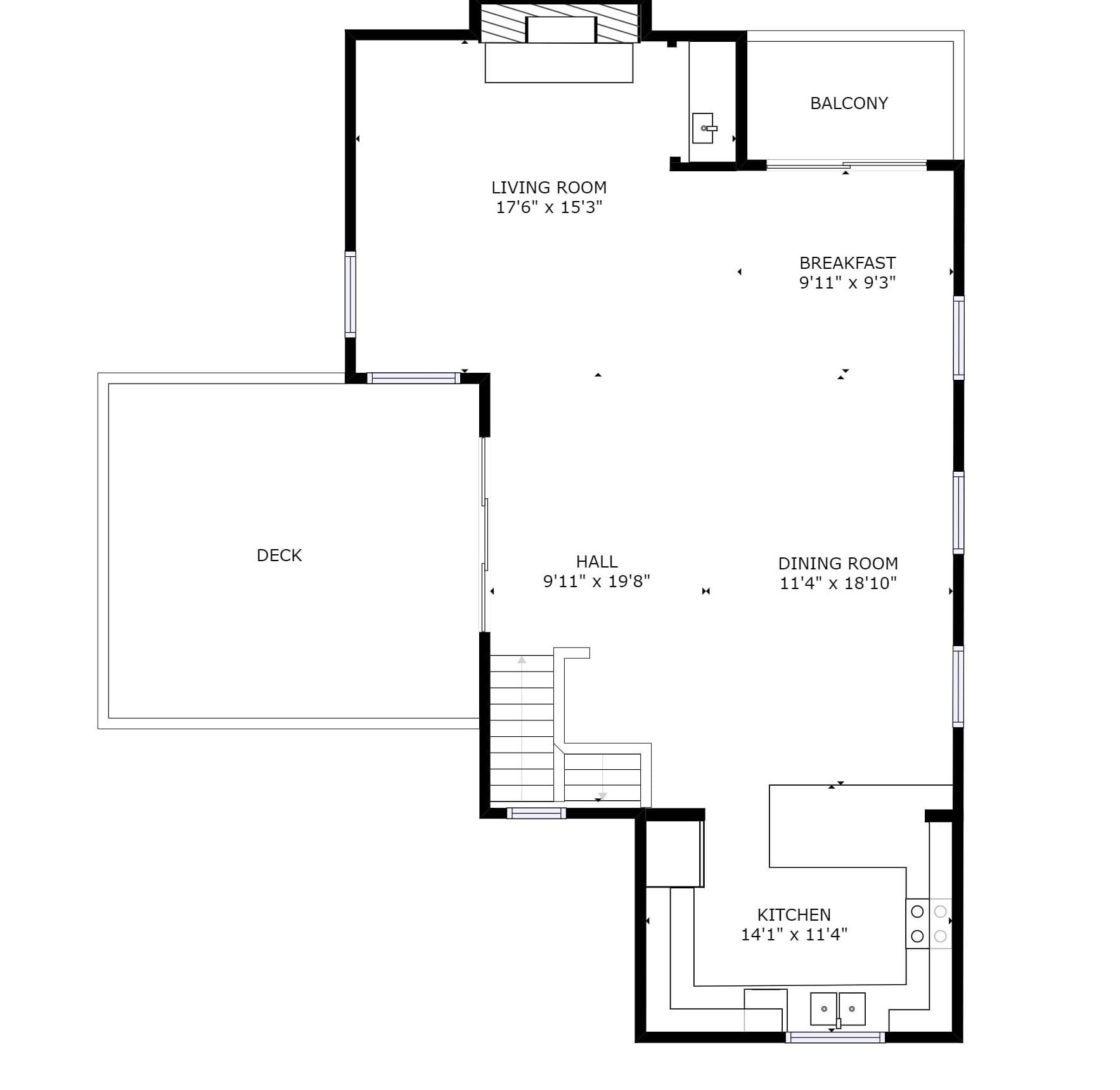 Plano de planta que muestra una sala de estar, balcón, comedor de desayuno, comedor, cocina, pasillo y terraza.