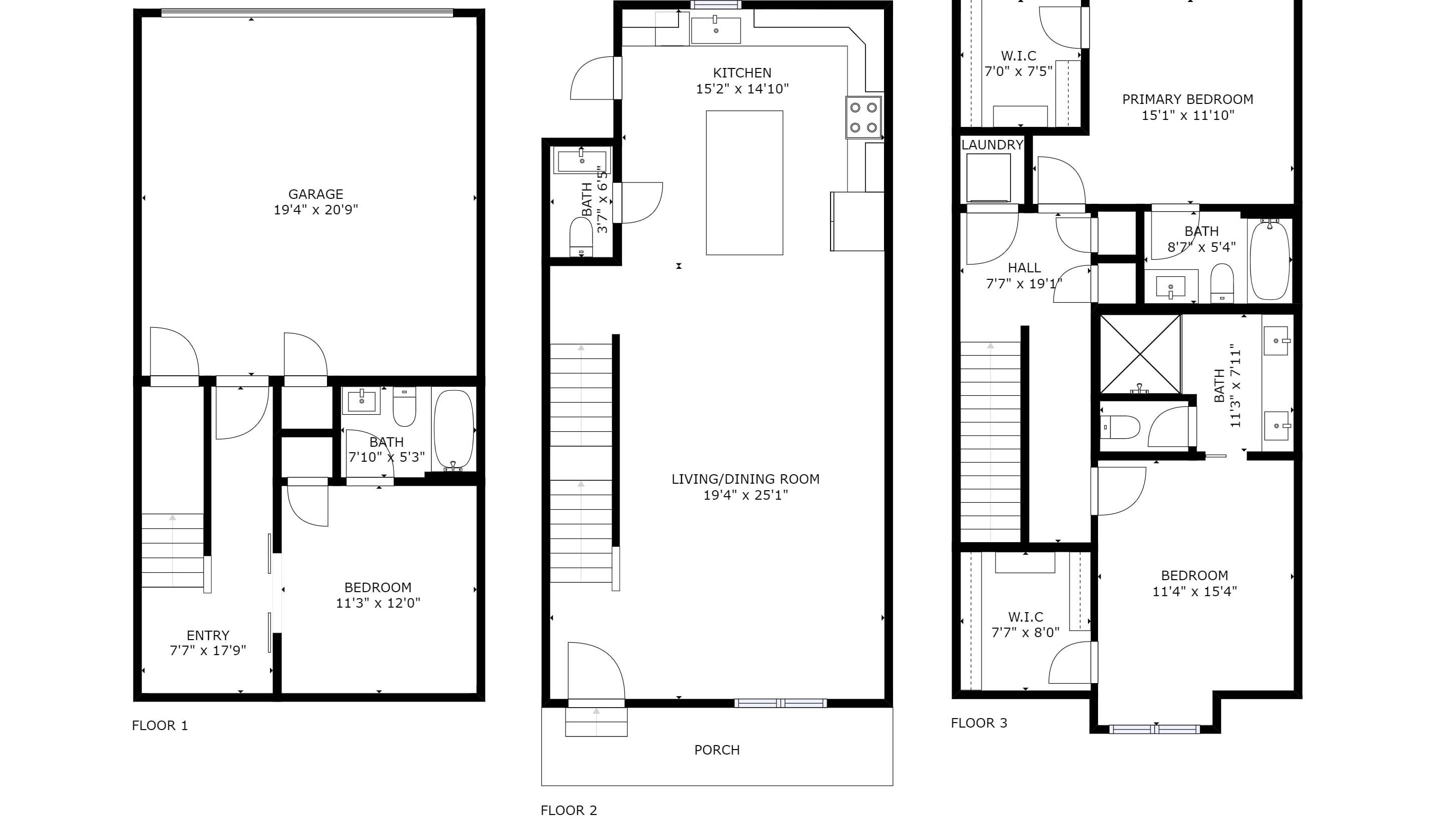 Ein dreigeschossiges Wohngebäude mit Garage, mehreren Schlafzimmern, Wohn- und Essbereich, Küche, Bädern und einer Veranda.