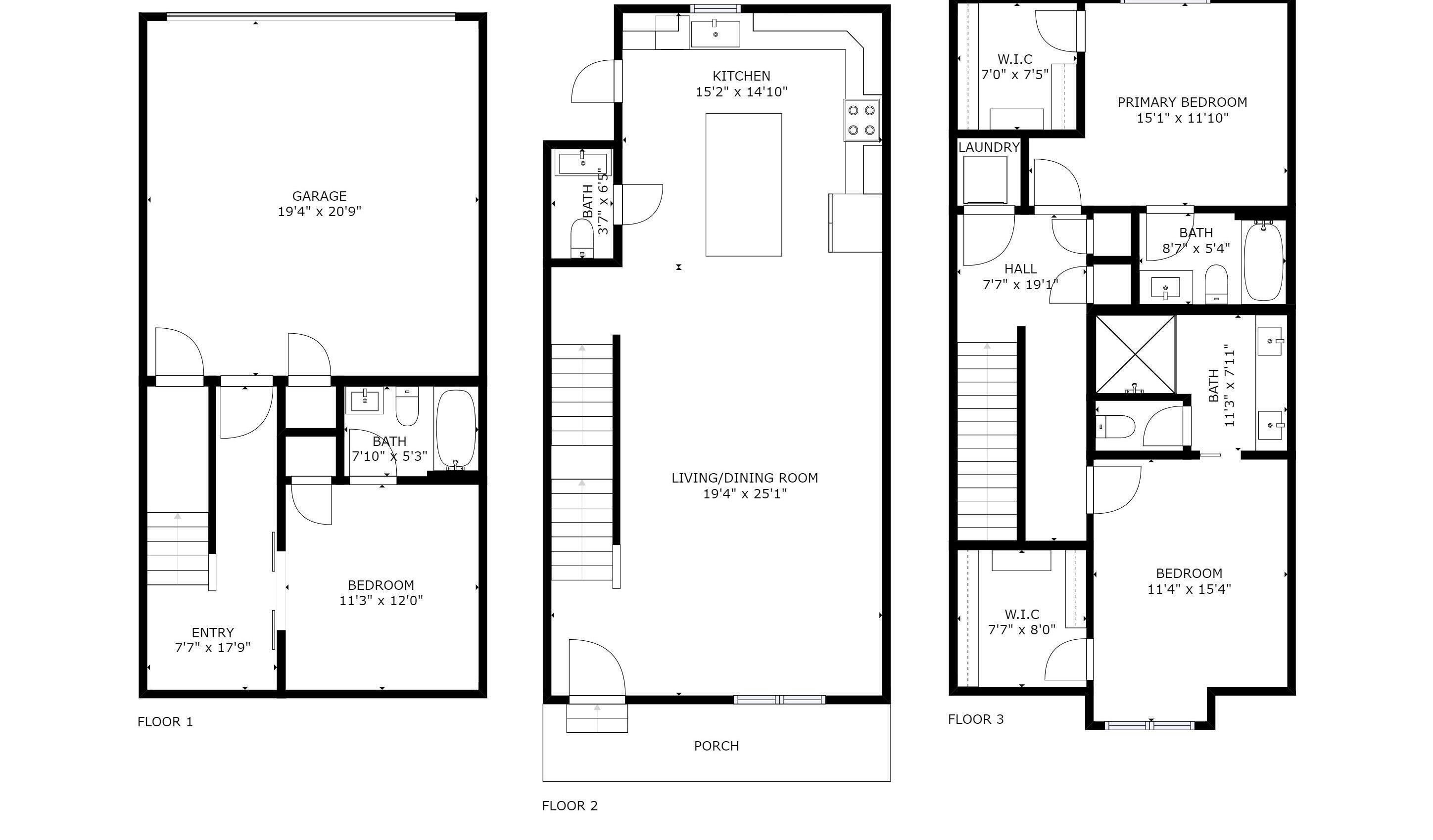 Grundriss einer dreistöckigen Wohnung mit Garage, Küche, Wohn-/Essbereich, zwei Schlafzimmern, zwei Bädern, einer Diele und einer Veranda.