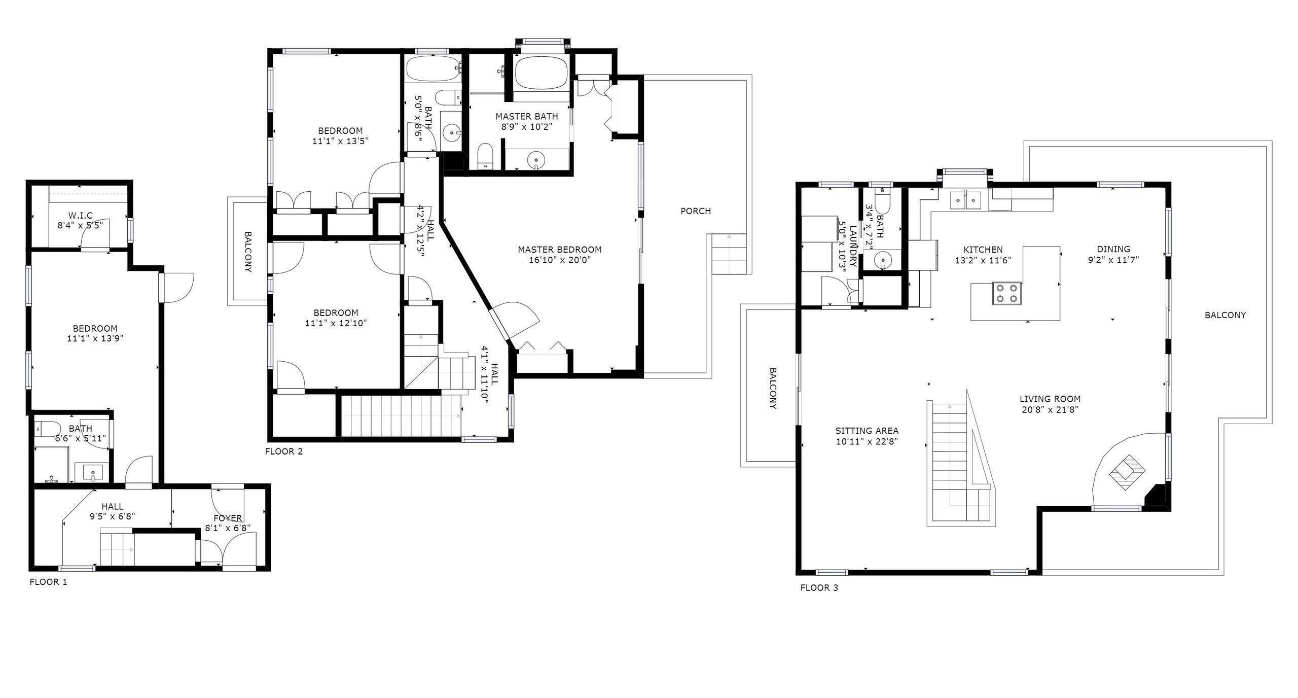 Plano de planta que muestra tres recámaras, dos baños, cocina, comedor, sala de estar, rincón de descanso y vestíbulo.