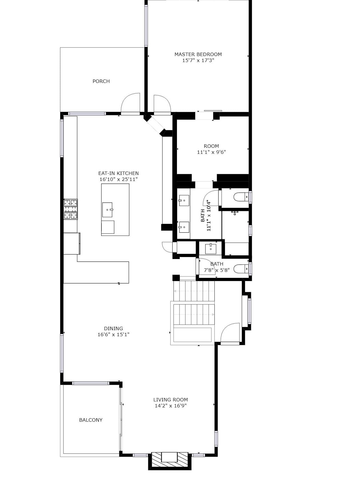 A floor plan with a master bedroom (15'7" x 17'3"), an eat-in kitchen (16'10" x 25'11"), a dining area (16'6" x 15'1"), a living room (14'2" x 16'9"), a balcony, a bathroom (11'1" x 10'4"), and a room (11'1" x 9'6").