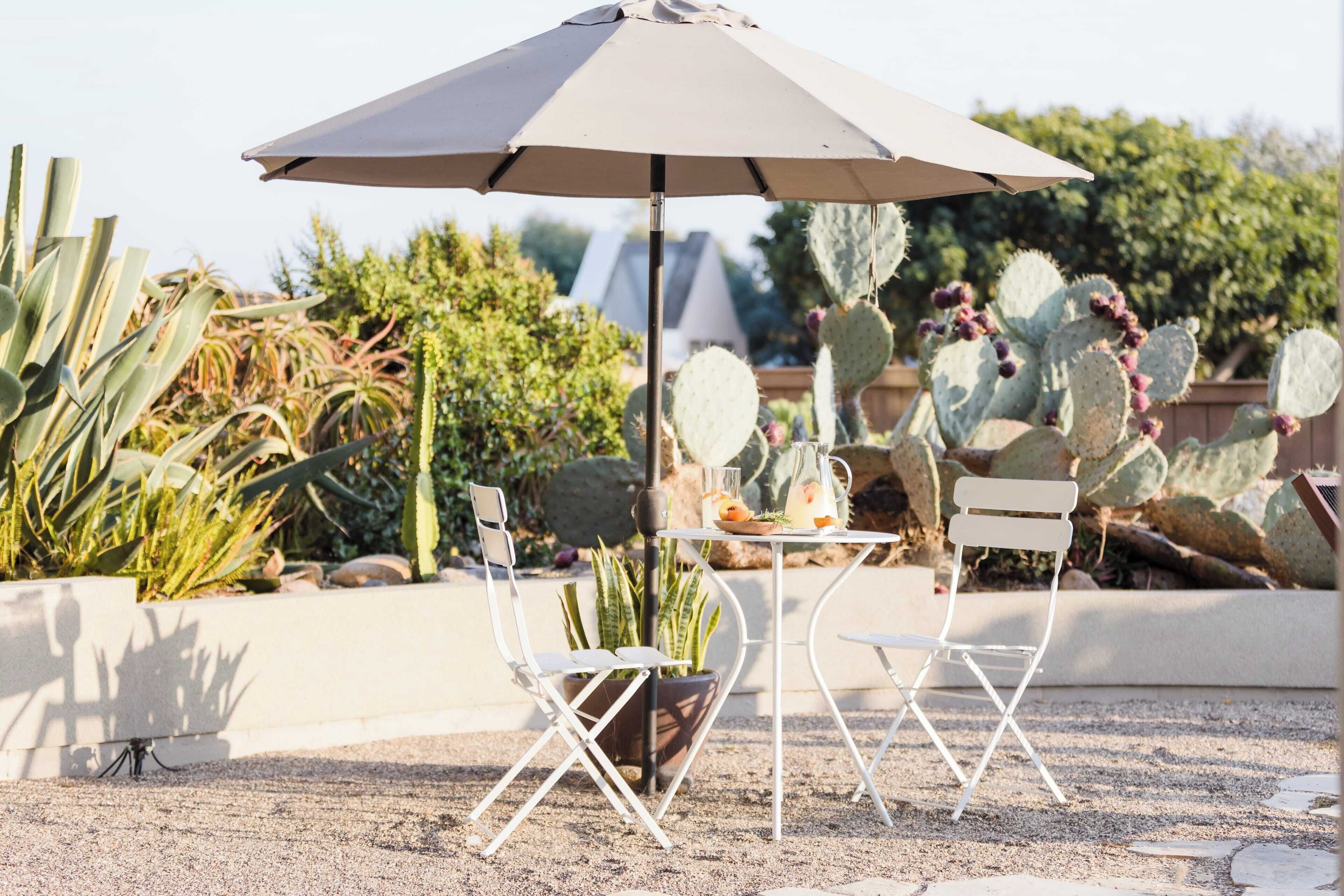 An outdoor patio with a table and two chairs under a large umbrella, surrounded by cacti and other desert plants.