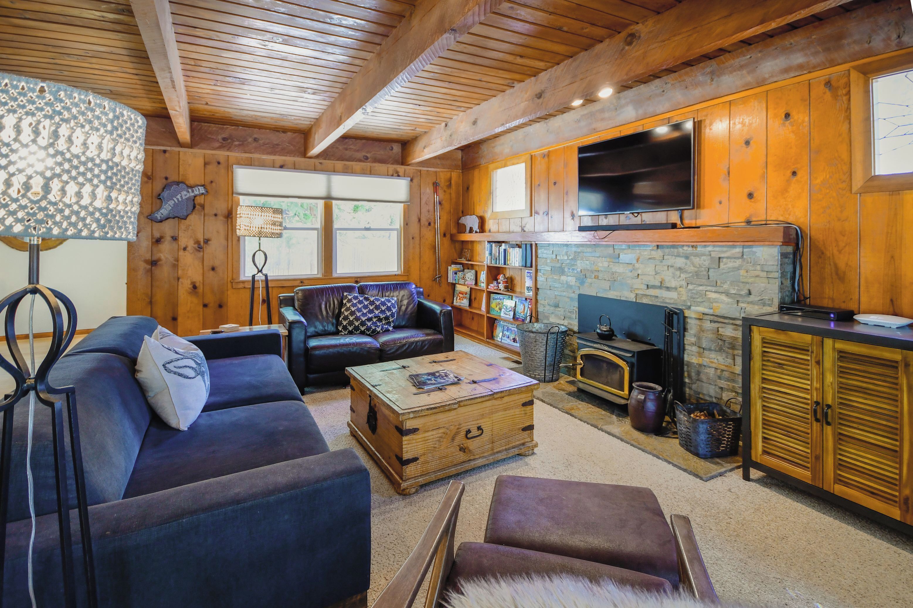 55-inch TV with digital channels, fireplace, streaming services