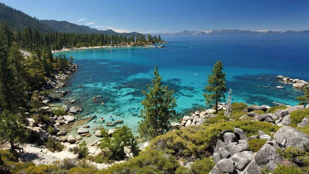 Un paysage côtier caractérisé par des eaux turquoise limpides, des rivages rocheux et de vastes forêts de pins.