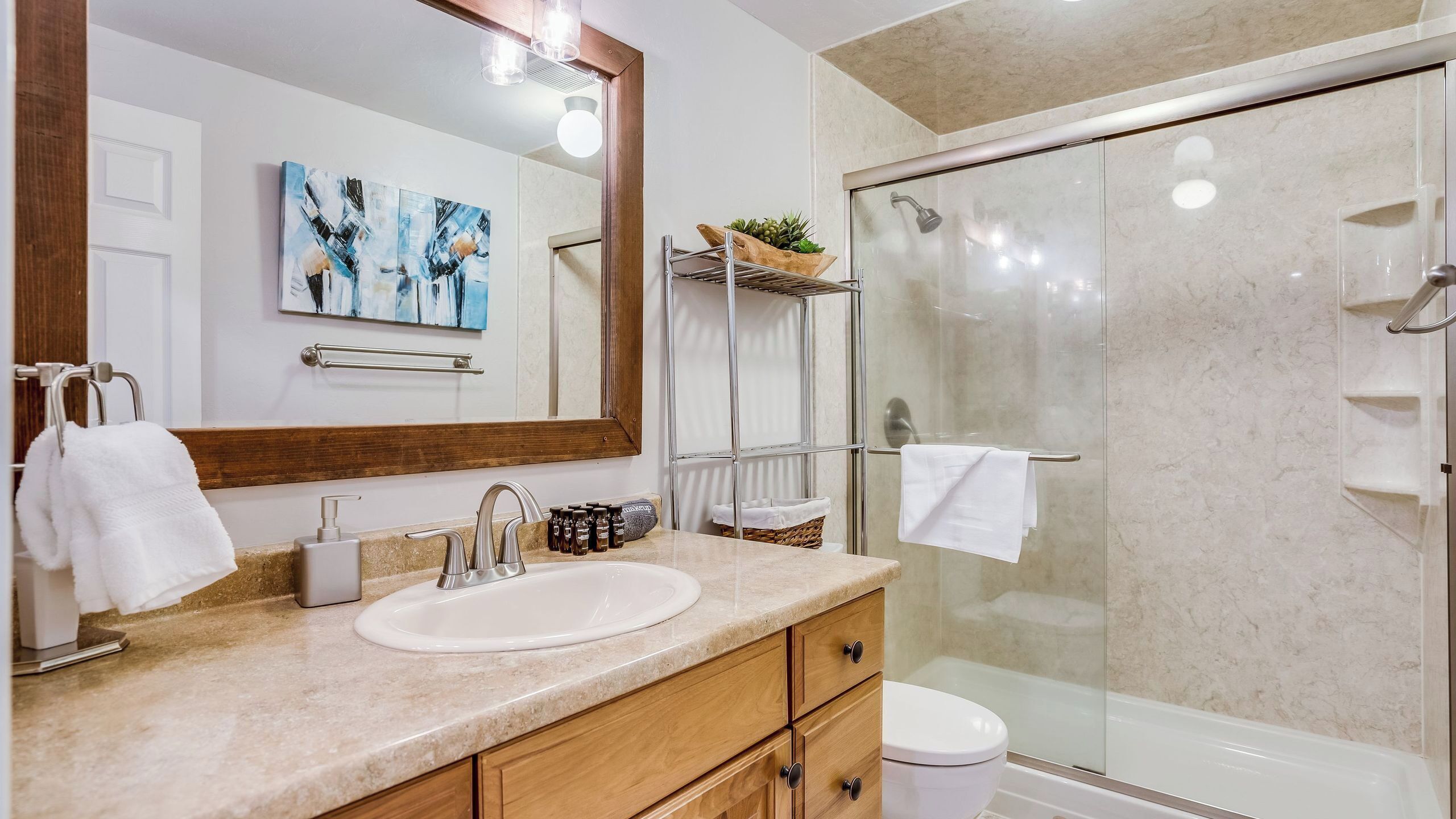 A bathroom with a sink, mirror, towel rack, shower, and a painting on the wall.
