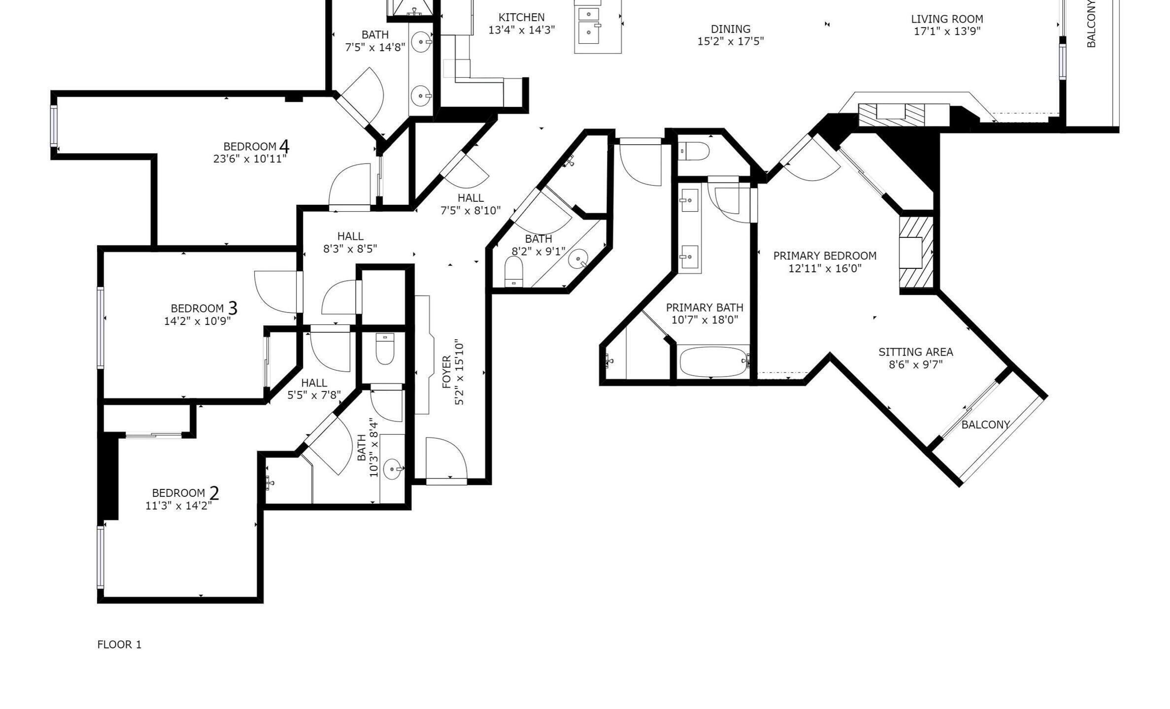 A floor plan with multiple bedrooms, a kitchen, dining area, living room, and balcony.