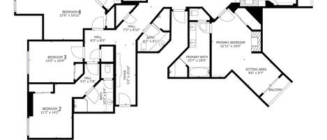 A floor plan with multiple bedrooms, a kitchen, dining area, living room, and balcony.
