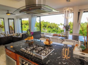A modern kitchen with a central island, stainless steel appliances, and a view of lush greenery.