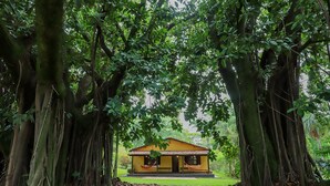 A yellow building with a tiled roof, surrounded by large trees and a grassy area. - Hotel Fazenda Bela Vista (Dourado)