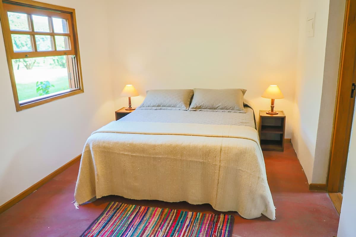A bedroom with a bed, two bedside lamps, a window, and a colorful rug.