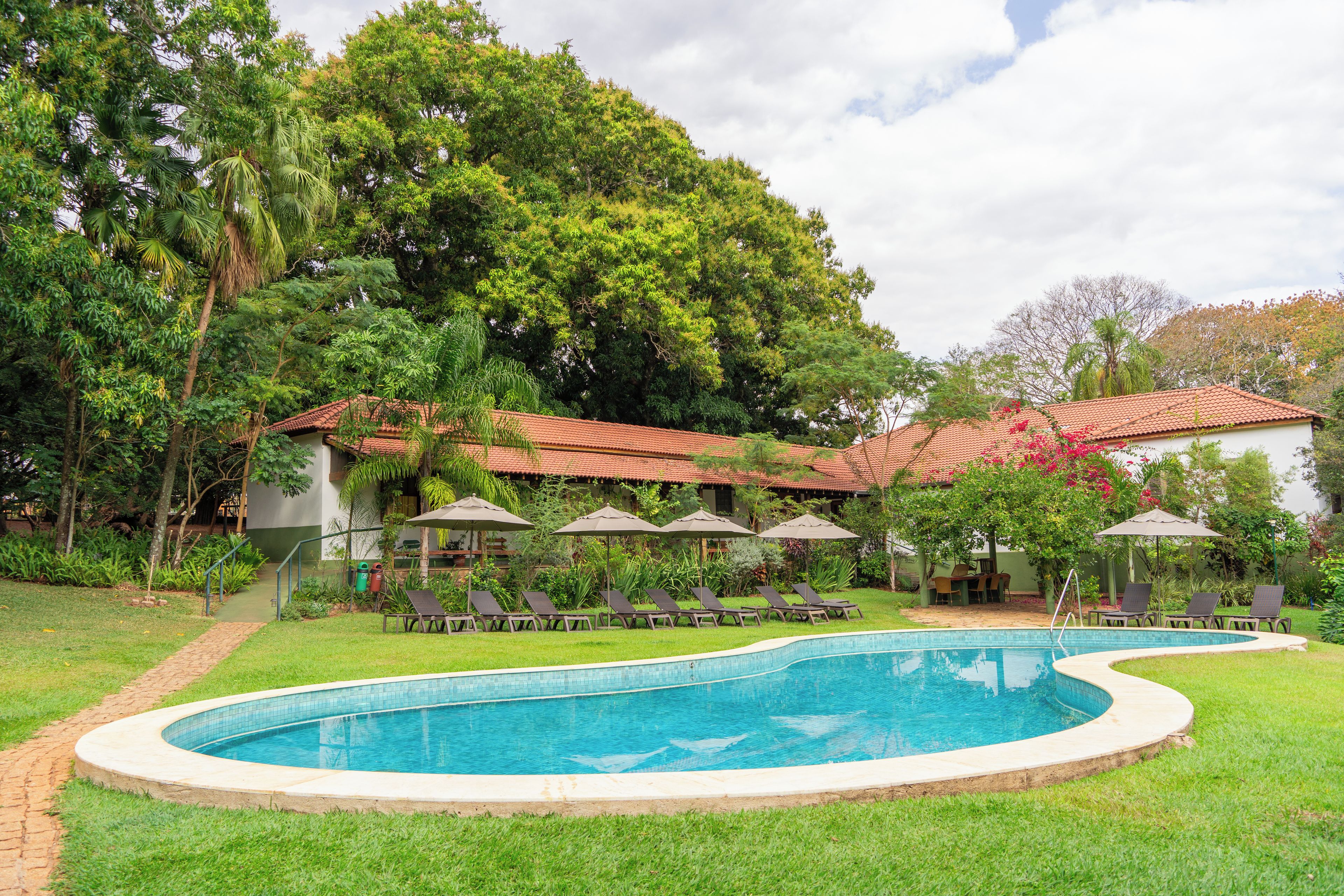 Una piscina con borde de azulejos, rodeada de césped y árboles.