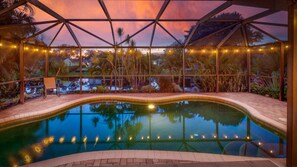 An indoor swimming pool with a glass ceiling, surrounded by palm trees and string lights.
