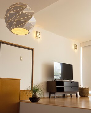 Un salon moderne avec un téléviseur à écran plat posé sur un meuble en bois, une plante en pot et un luminaire suspendu aux formes géométriques.