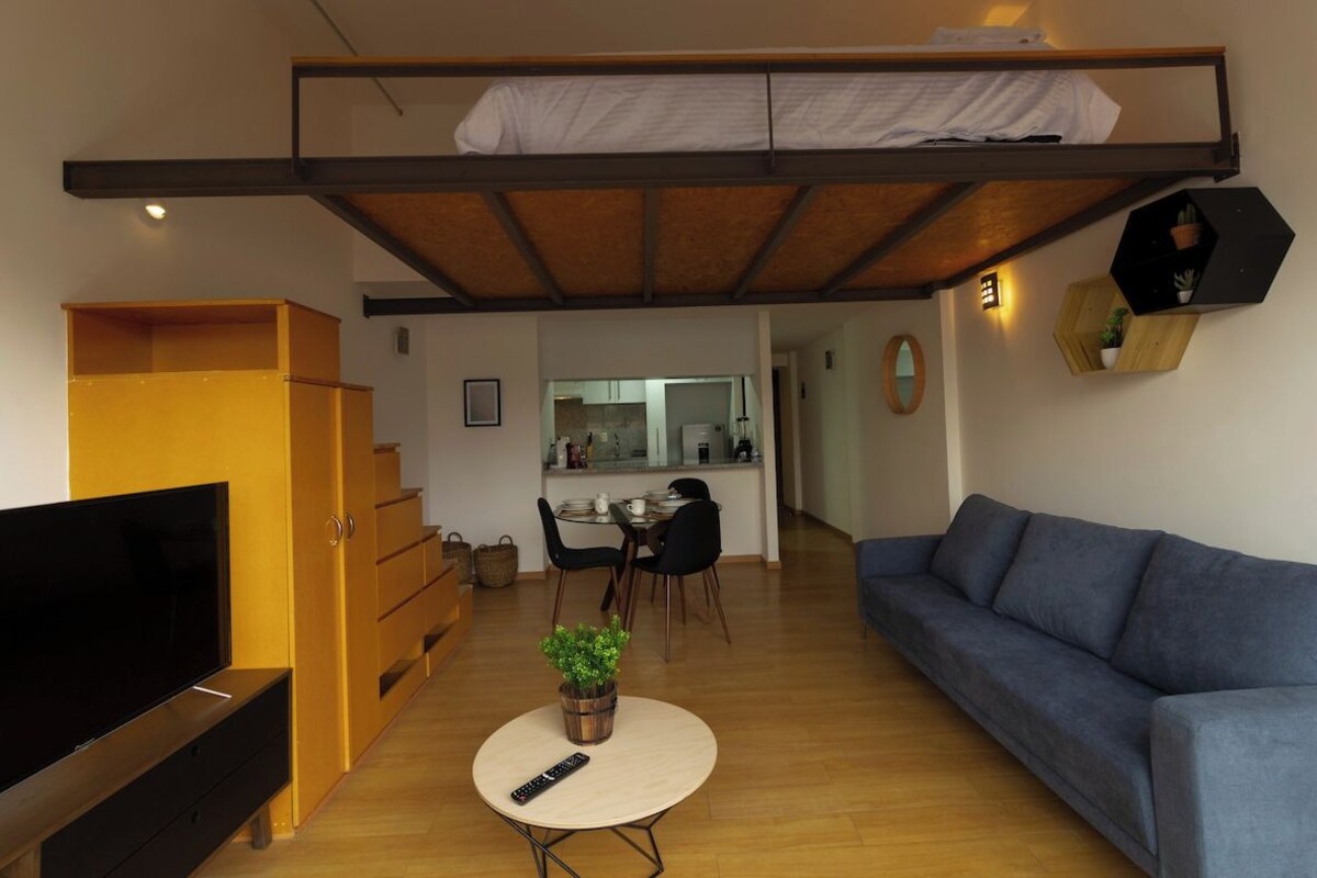 Een woonkamer met een bank, een televisie, een salontafel met een plant, een stapelbed en een keuken in de achtergrond.