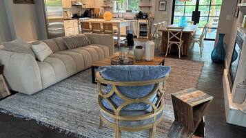 Smart TV, fireplace, books, stereo