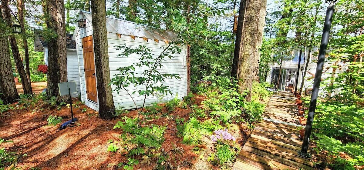 Eine Holzhütte, umgeben von Bäumen, mit einem Feldweg, der dorthin führt.
