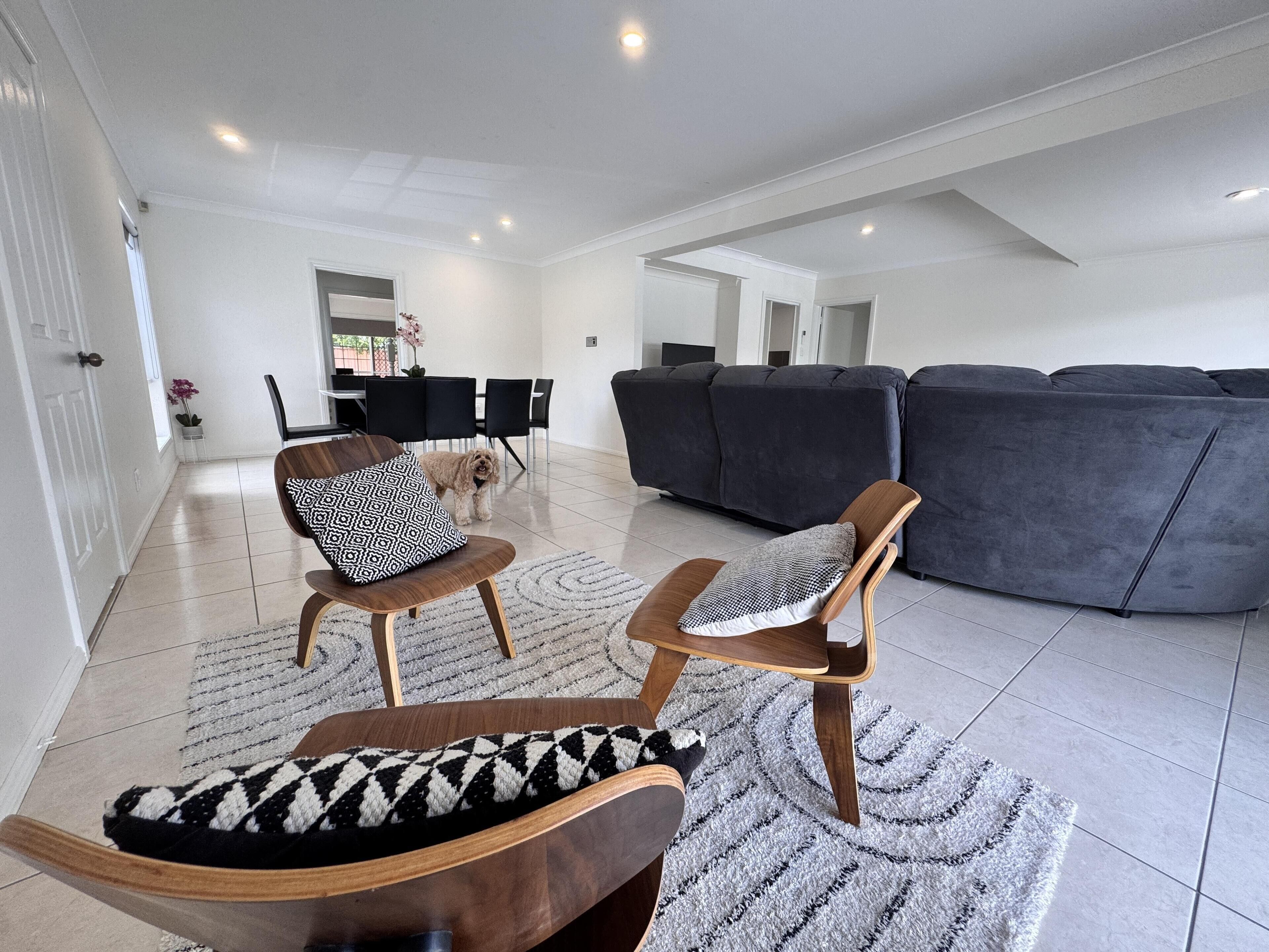 A spacious living room with a grey sectional sofa, two wooden chairs with patterned cushions, a dining table with chairs, and a dog.