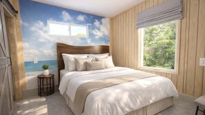 Quarto com cabeceira de madeira, cama grande, janela com vista para vegetação e um mural de praia na parede.