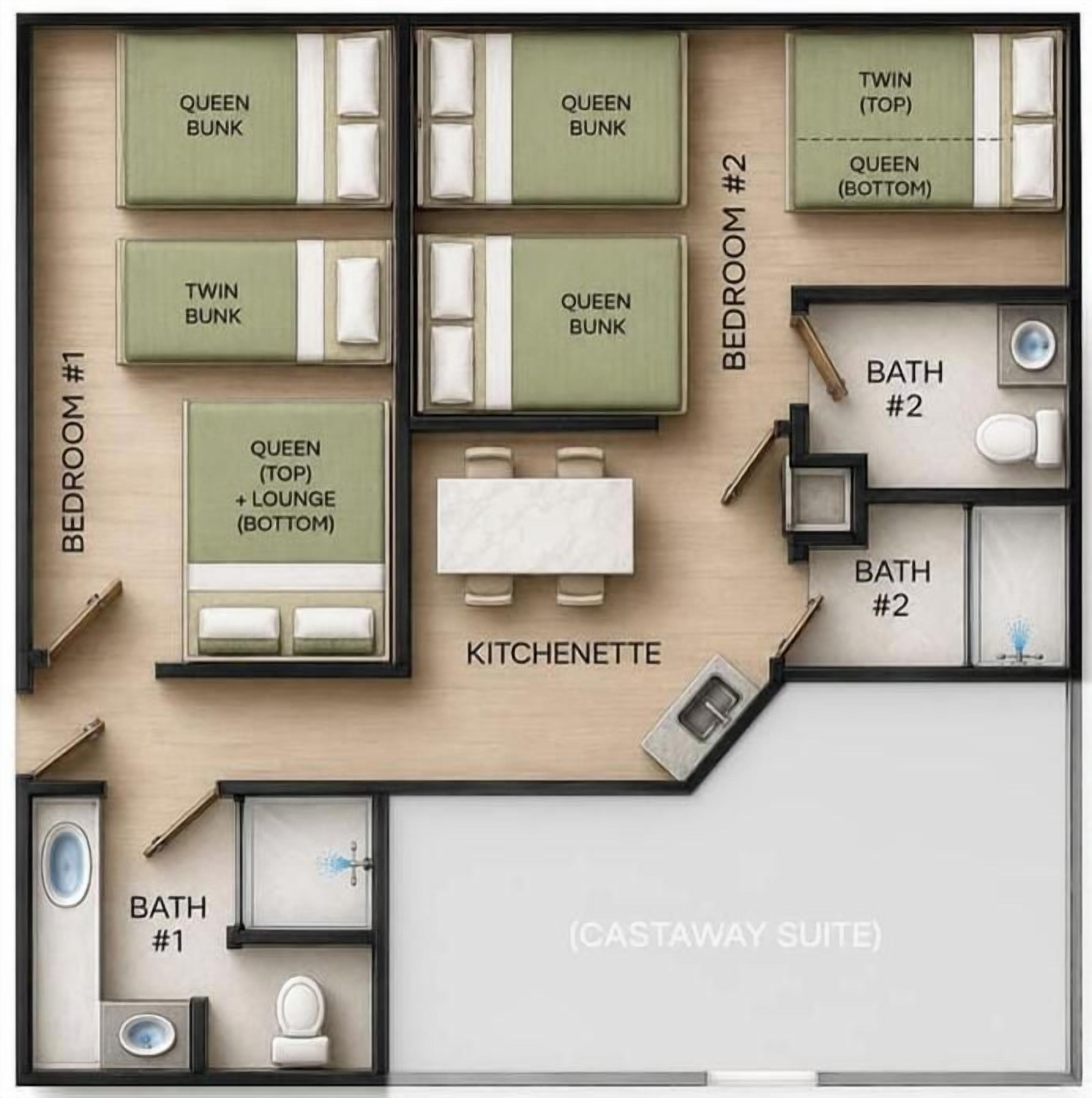 Grundriss einer Hotel Suite mit zwei Schlafzimmern, zwei Bädern, einer Küchenzeile und einem Wohnbereich.