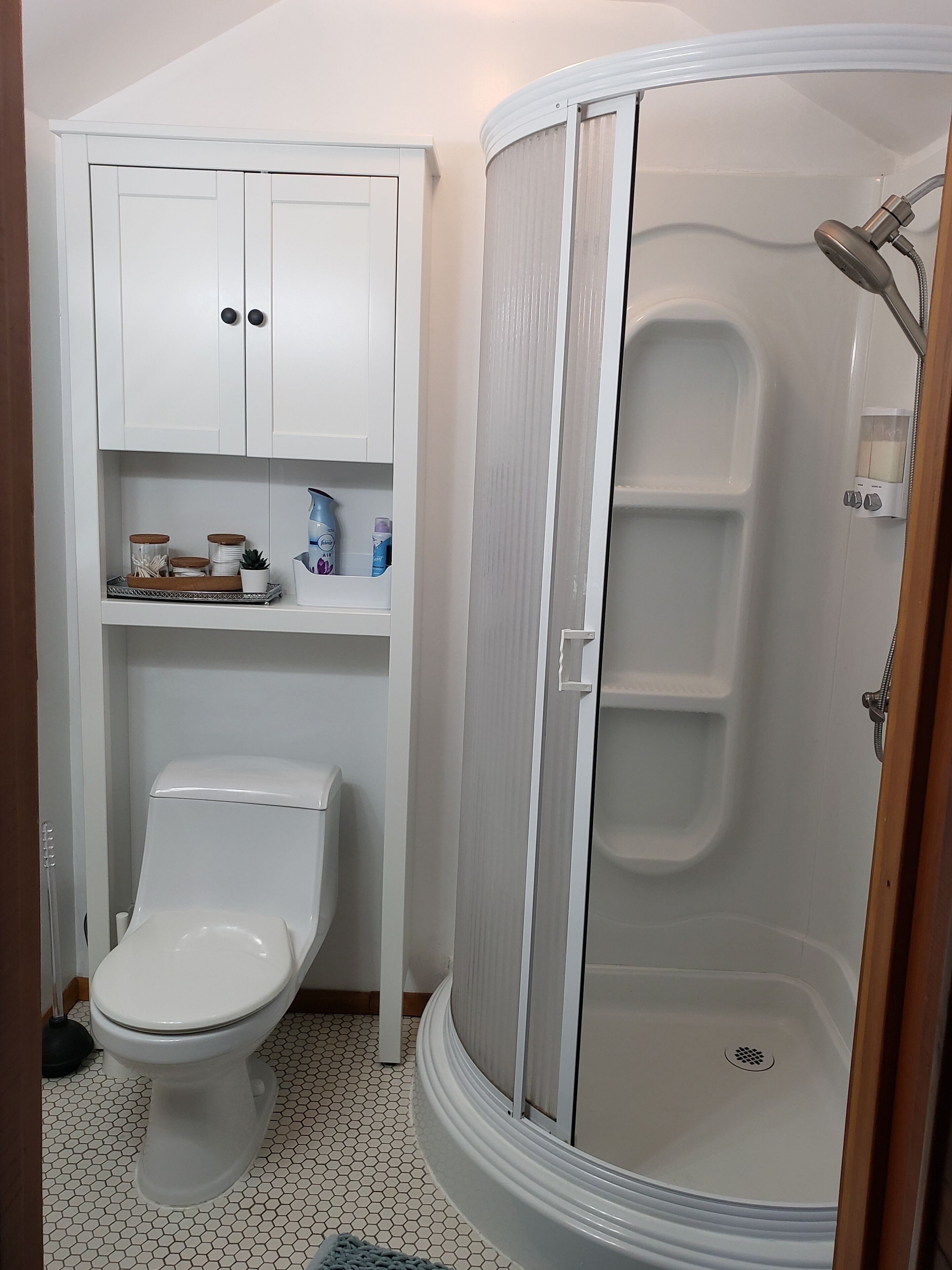 A bathroom with a toilet, a shower enclosure, and a cabinet with toiletries.