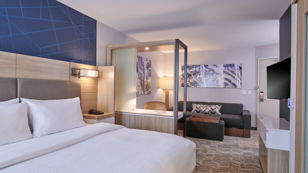 A hotel room with a large bed, a desk with a lamp, a sofa, and a TV. - SpringHill Suites by Marriott Detroit Dearborn (Dearborn)