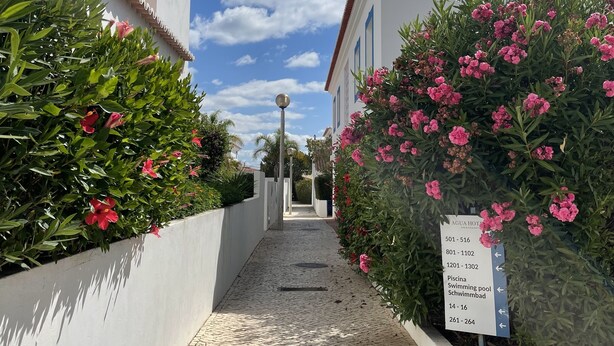 A narrow cobblestone pathway flanked by white buildings with blue trim, leading to a signpost indicating hotel rooms and amenities. - Best location in Lagos with superb pool area! (Lagos)
