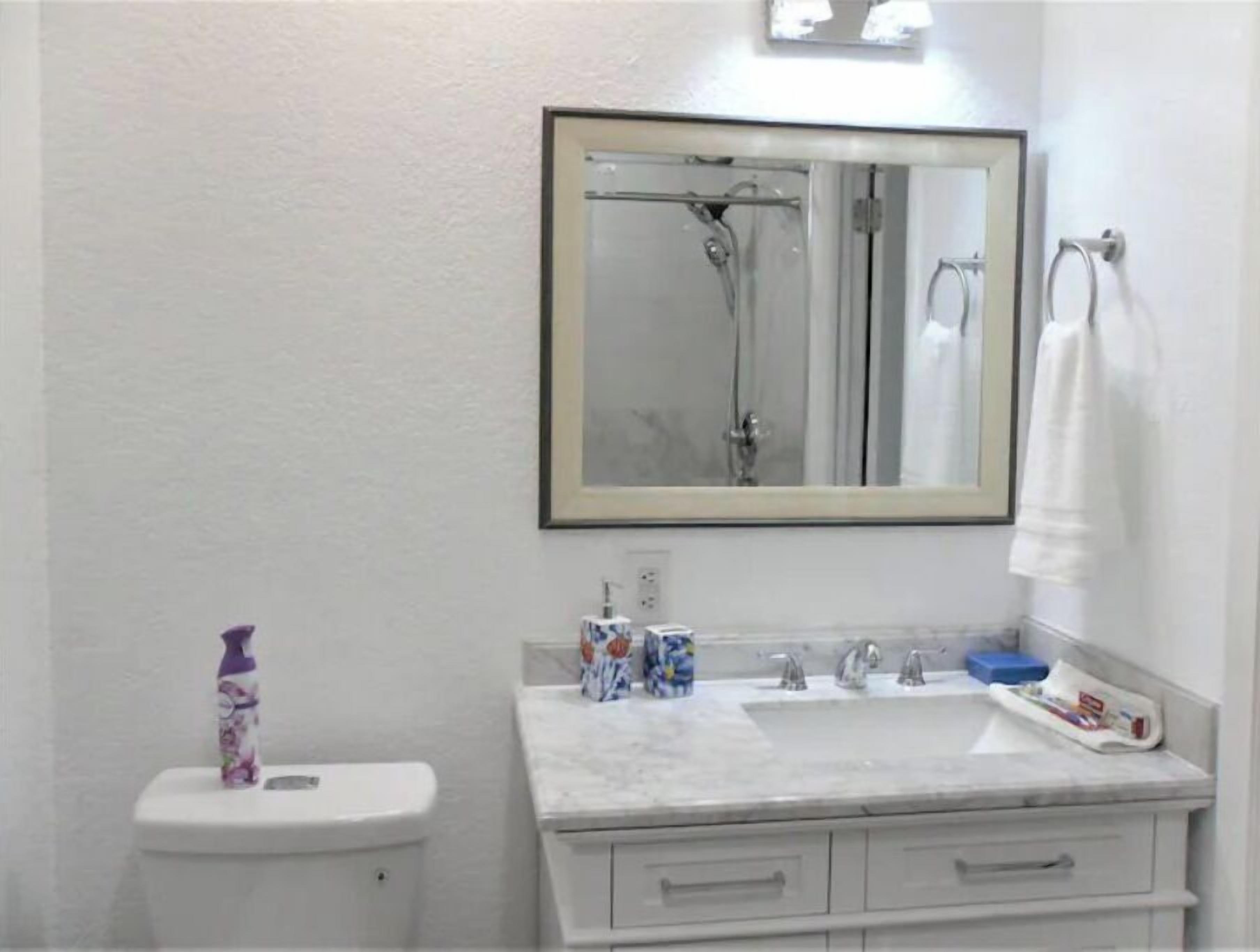 Een badkamer met een witte wastafel, spiegel en toilet.