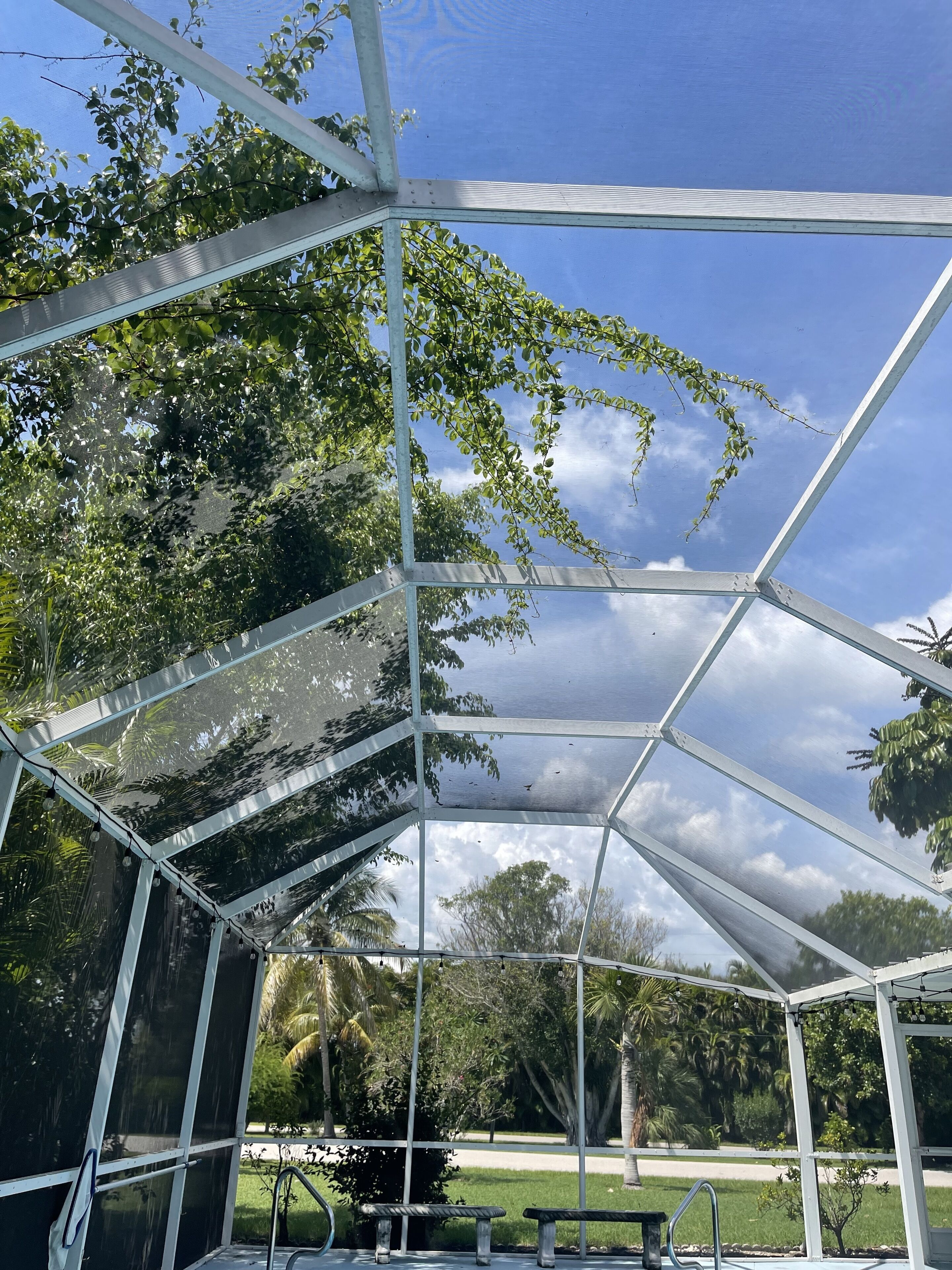 A glass-enclosed pavilion with a metal frame, surrounded by lush greenery and a clear sky.