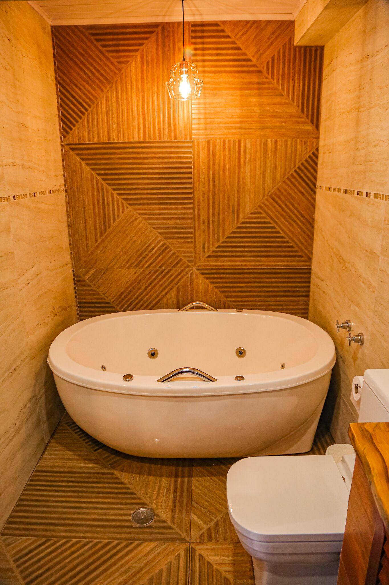 Een badkamer met een vrijstaand bad, een toilet en een wand met houtmotief.