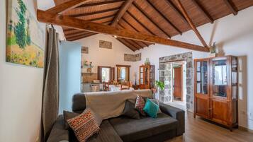 Een smart-tv, een open haard en boeken